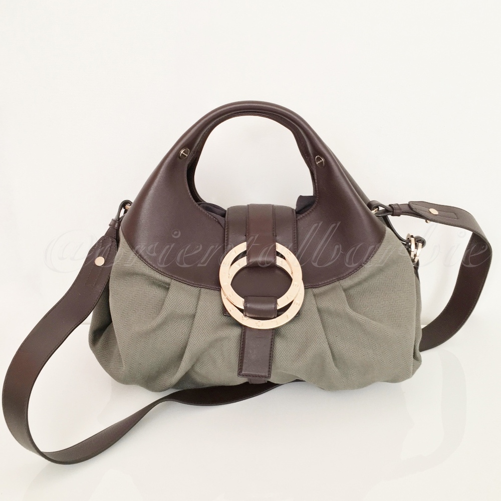 y2k vintage vhtf BVLGARI CHANDRA NEUTRAL CHVRON TAUPE CANVAS BROWN CALF LEATHER - Picture 3 of 8